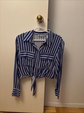 Zara Blue and White Striped Tie-Front Button-Down Shirt